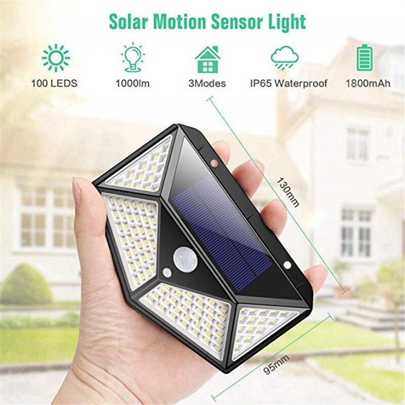 Solarbetriebene Bewegungsmelderleuchte, 100 LEDs, IP65 wasserdicht, 3 Modi, 1000lm, 1800mAh.
