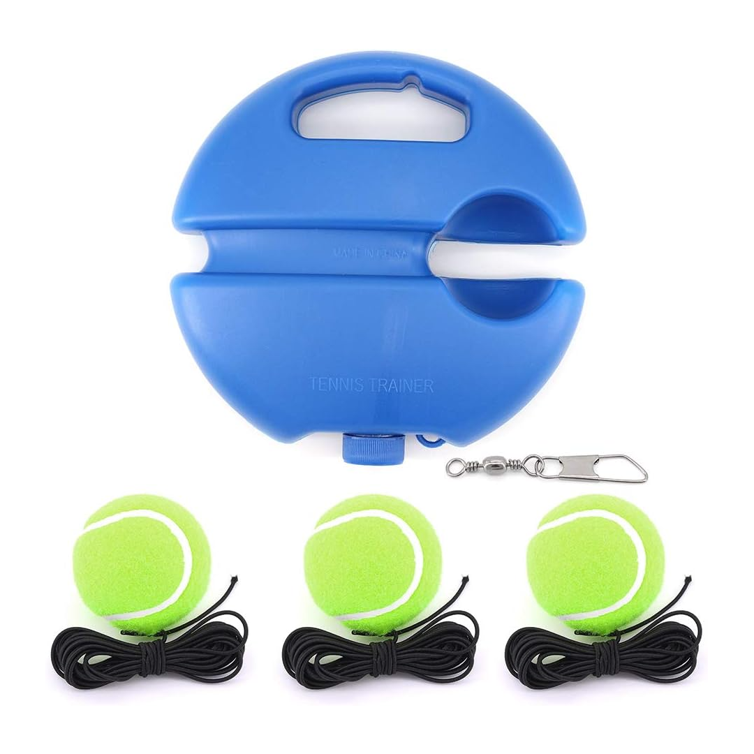 Blauer Tennis-Trainer mit drei grünen Tennisbällen und Seilen, tragbar, Trainingsgerät.