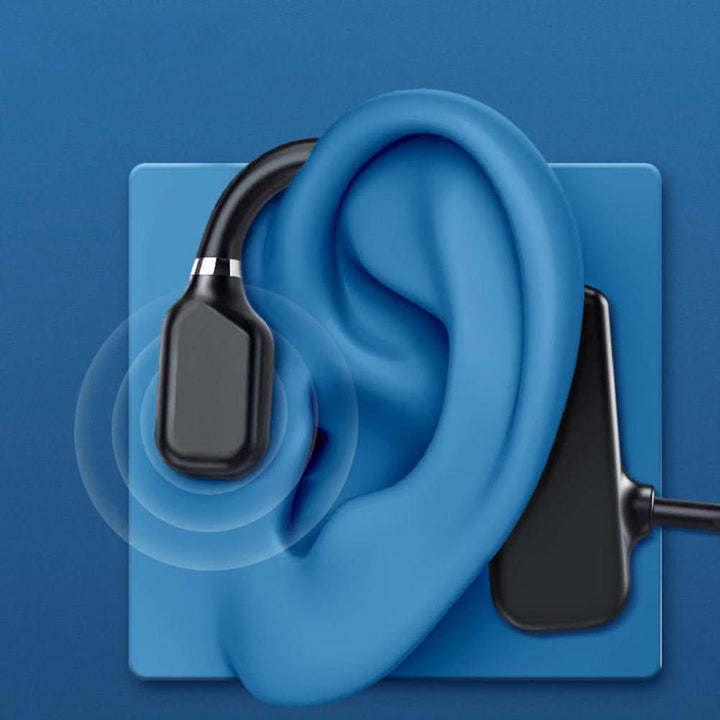 Drahtlose Knochenleitungs-Kopfhörer, schwarz, auf blauem Hintergrund, Audio-Technologie.