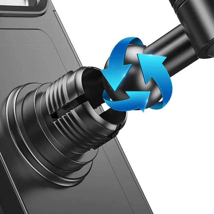 Schwarzer drehbarer Handyhalter aus Metall mit blauen Pfeilen, ergonomisches Design.