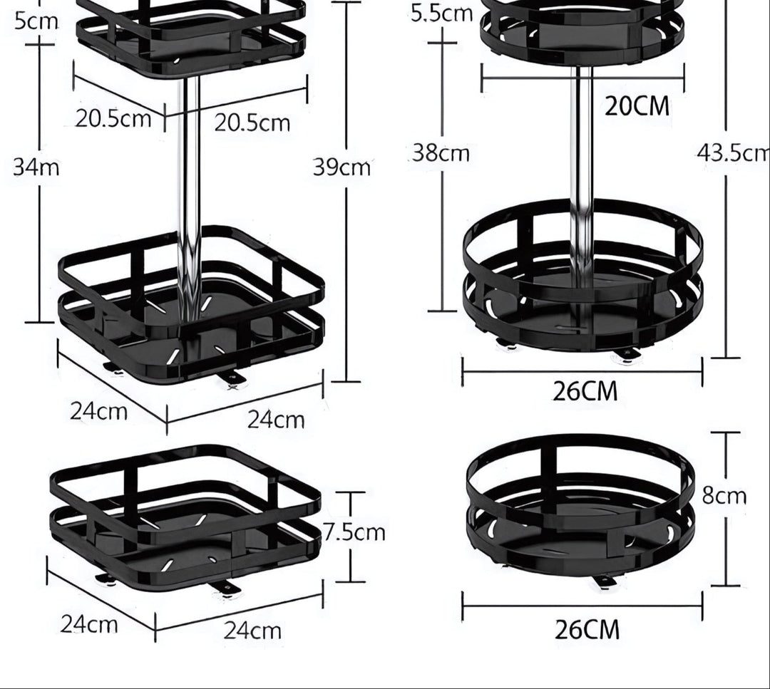 Schwarzes, drehbares Metallregal, modern, 360-Grad-Design, Aufbewahrung, Küche, Bad.