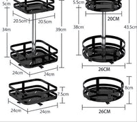 Schwarzes, drehbares Metallregal, modern, 360-Grad-Design, Aufbewahrung, Küche, Bad.