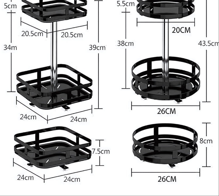 Schwarzes, drehbares Metallregal, modern, 360-Grad-Design, Aufbewahrung, Küche, Bad.