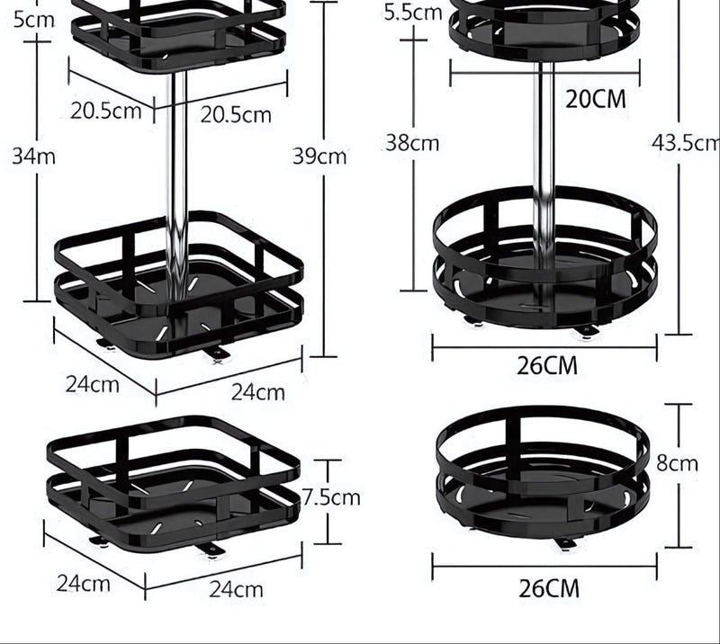 Schwarzes, drehbares Metallregal, modern, 360-Grad-Design, Aufbewahrung, Küche, Bad.