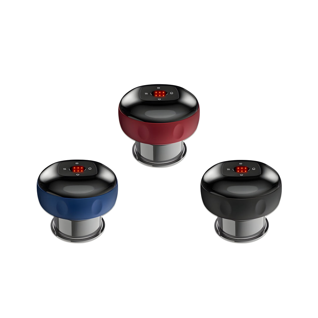 Drei runde Bluetooth-Lautsprecher in Rot, Blau und Schwarz auf weißem Hintergrund.