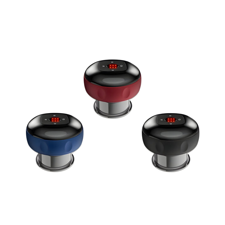 Drei runde Bluetooth-Lautsprecher in Rot, Blau und Schwarz auf weißem Hintergrund.