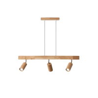 Moderne Holz-Pendelleuchte mit drei verstellbaren Strahlern, skandinavisches Design.