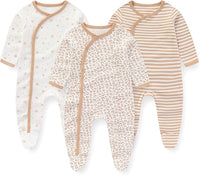 Drei Baby-Strampler, beige Muster, Baumwolle, langärmelig, für Neugeborene, bequem.