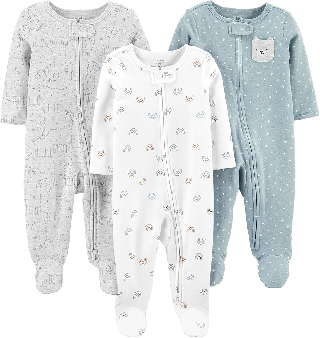 Drei Baby-Strampler, Baumwolle, Reißverschluss, Muster: Dinosaurier, Regenbogen, Bär, Unisex.