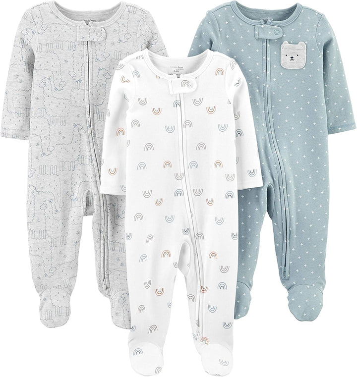 Drei Baby-Strampler, Baumwolle, Reißverschluss, Muster: Dinosaurier, Regenbogen, Bär, Unisex.