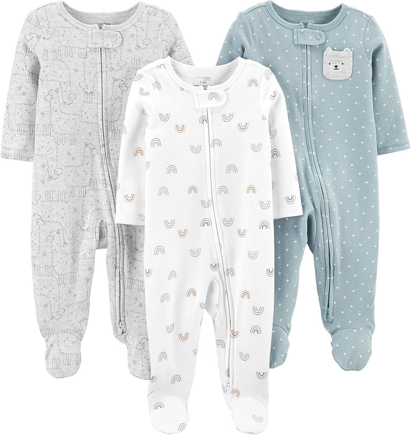 Drei Baby-Strampler, Baumwolle, Reißverschluss, Muster: Dinosaurier, Regenbogen, Bär, Unisex.