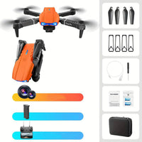 Orange Drohne mit Zubehör, faltbar, Kamera, Propeller, Fernbedienung, Tragetasche, Ersatzteile.