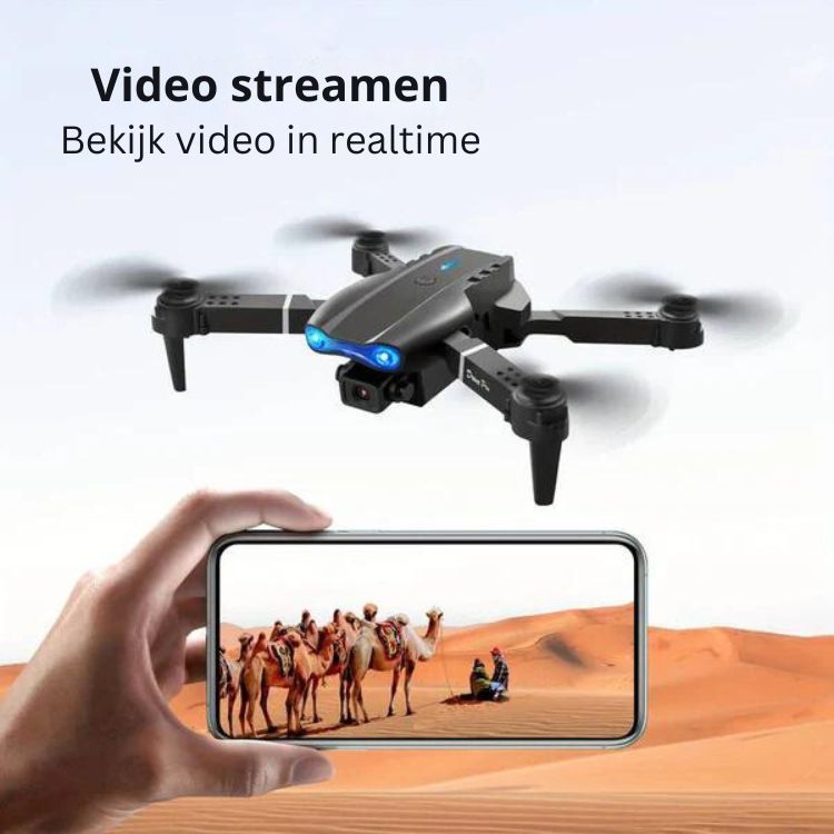 Schwarze Drohne mit Kamera, Wüste, Smartphone-Display, Video-Streaming, Echtzeit-Aufnahme.