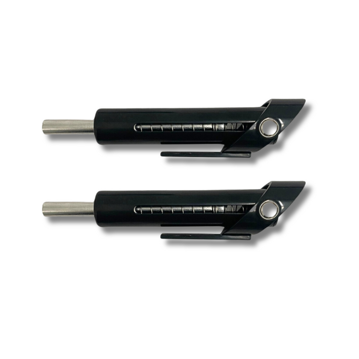 Zwei schwarze Fitnessgeräte-Pins aus Metall, verstellbar, für Krafttraining.