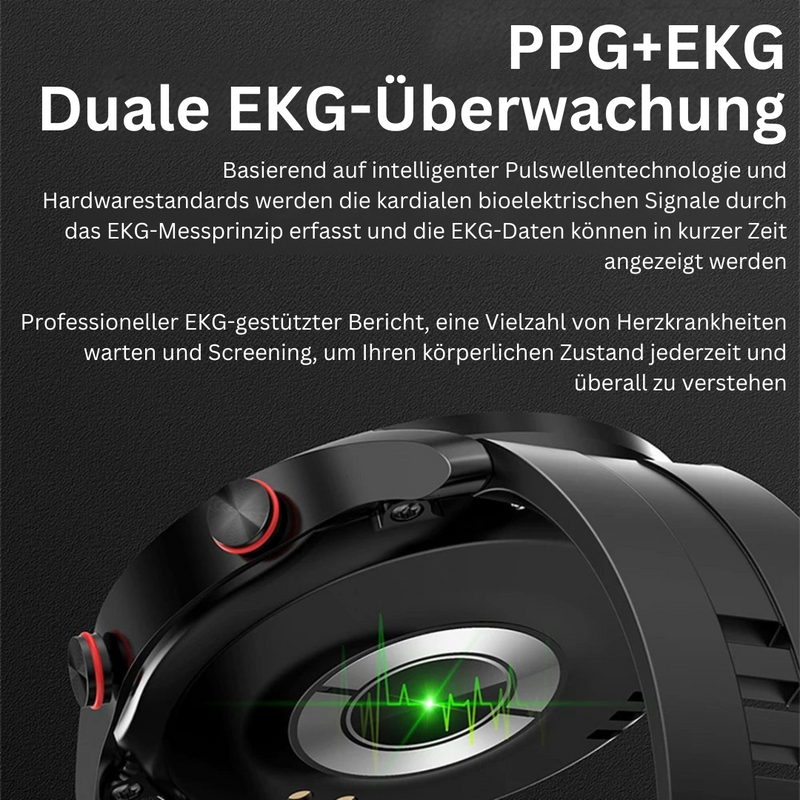 Schwarze Smartwatch mit PPG+EKG-Überwachung, Bluetooth-Anrufe, Gesundheitsmonitoring.