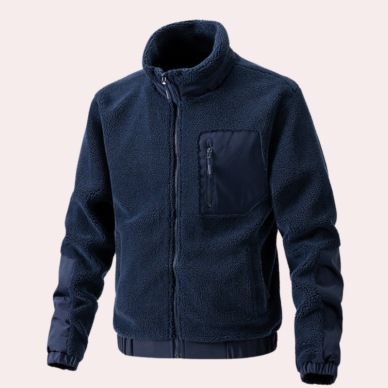 Dunkelblaue Fleecejacke mit Reißverschluss, Brusttasche, warm, Herrenmode, Outdoor-Bekleidung.