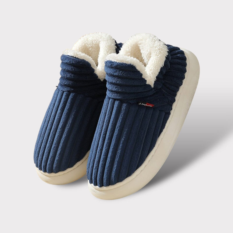 Blaue Hausschuhe mit weißem Futter, rutschfeste Sohle, gemütlich, warm, Wintermode.