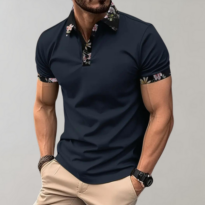 Dunkelblaues Herren-Poloshirt mit Blumenmuster, kurzärmelig, modisch, Baumwolle.