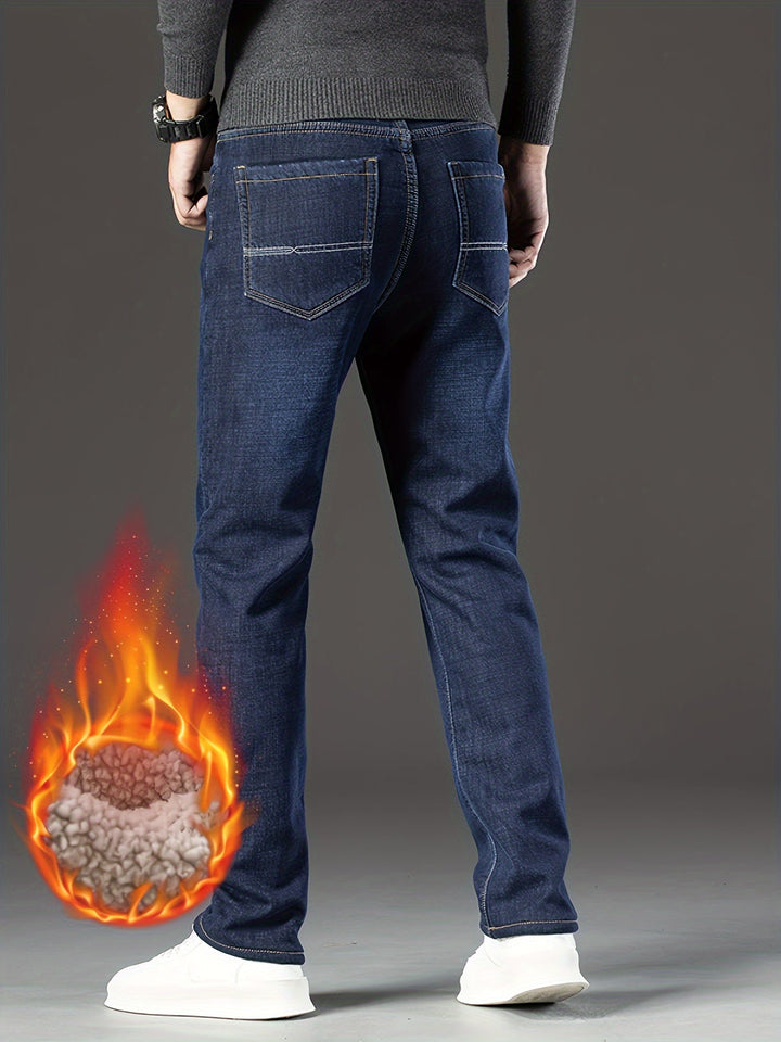 Herrenjeans dunkelblau, Rückansicht, mit Flammeneffekt, modisch, lässig, Baumwolle.