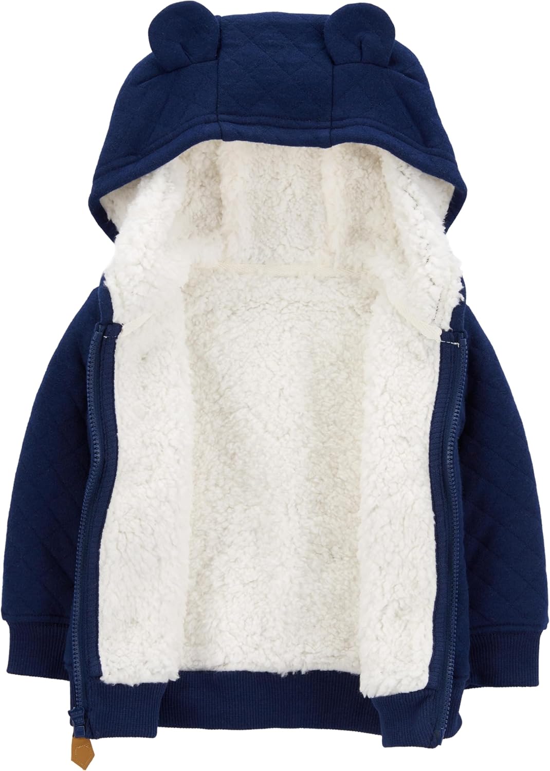 Dunkelblauer Baby-Kapuzenpullover mit Ohren, Fleece-Innenfutter, Reißverschluss, warm, gemütlich.