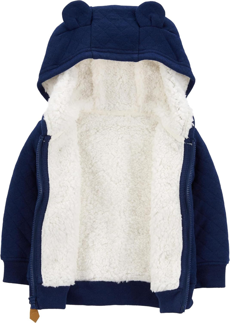 Dunkelblauer Baby-Kapuzenpullover mit Ohren, Fleece-Innenfutter, Reißverschluss, warm, gemütlich.