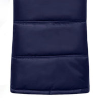 Dunkelblauer Daunenmantel, gesteppt, warm, Winterbekleidung, modisch, isoliert, elegant.