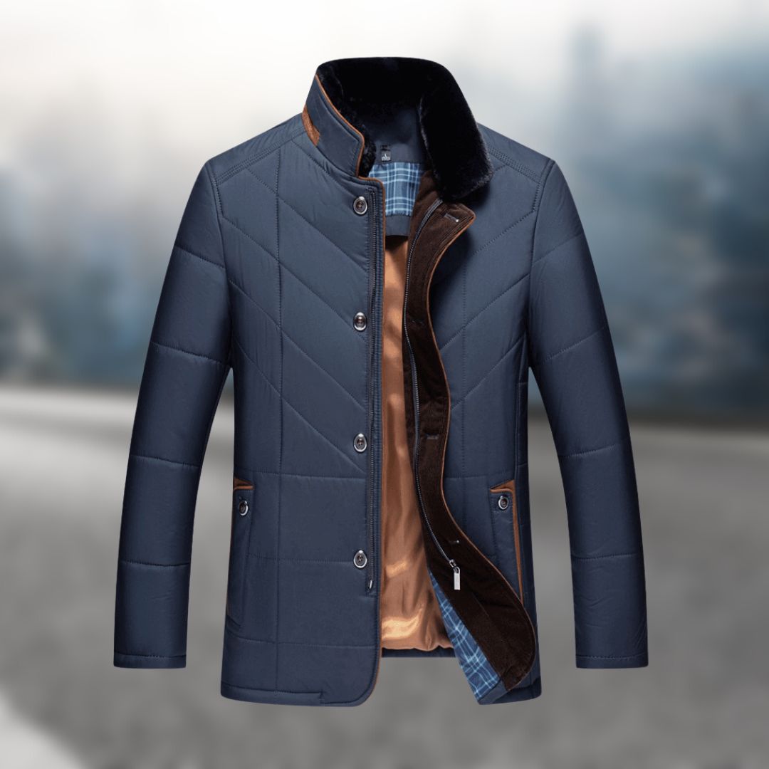 Dunkelblaue Herrenjacke, gesteppt, mit Stehkragen und Knopfleiste, ideal für Herbst und Winter.