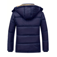 Dunkelblaue Winterjacke mit Kapuze, gesteppt, warm, Herrenmode, Outdoor-Bekleidung.