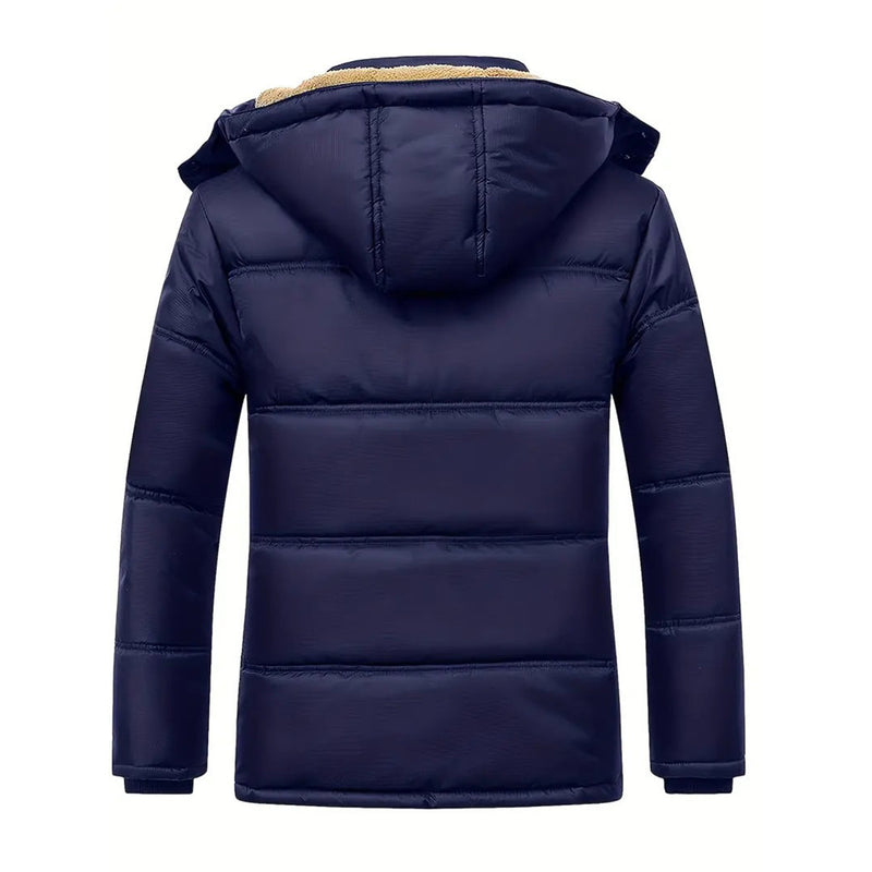 Dunkelblaue Winterjacke mit Kapuze, gesteppt, warm, Herrenmode, Outdoor-Bekleidung.