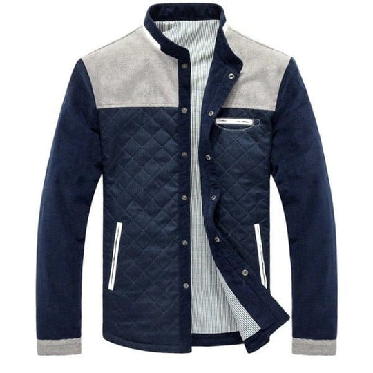 Dunkelblaue Herrenjacke mit Stehkragen, gestepptem Design und grauen Akzenten, modisch, elegant.