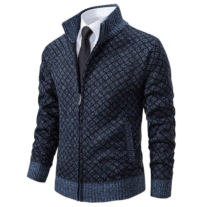 Dunkelblauer Herren-Strickjacke mit Muster, Reißverschluss, eleganter Stil, ideal für Büro.