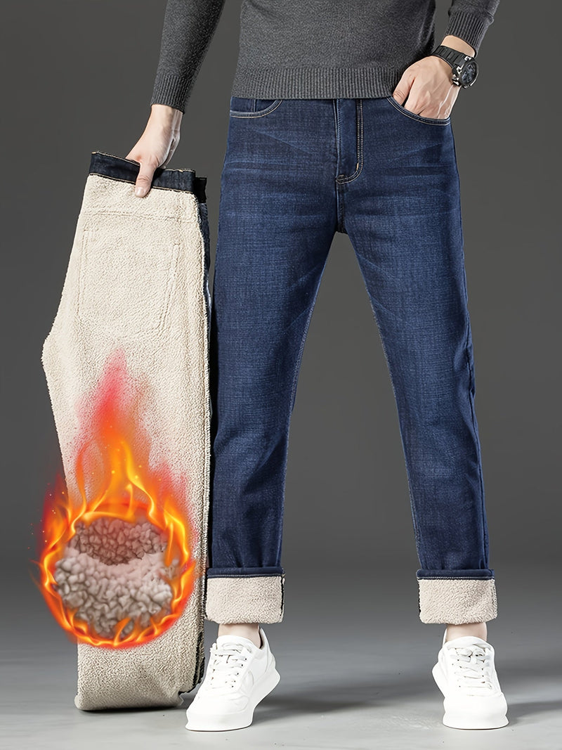 Mann in blauer Jeans mit Fleece-Futter, hält zweite Hose, Flammeneffekt, grauer Hintergrund.