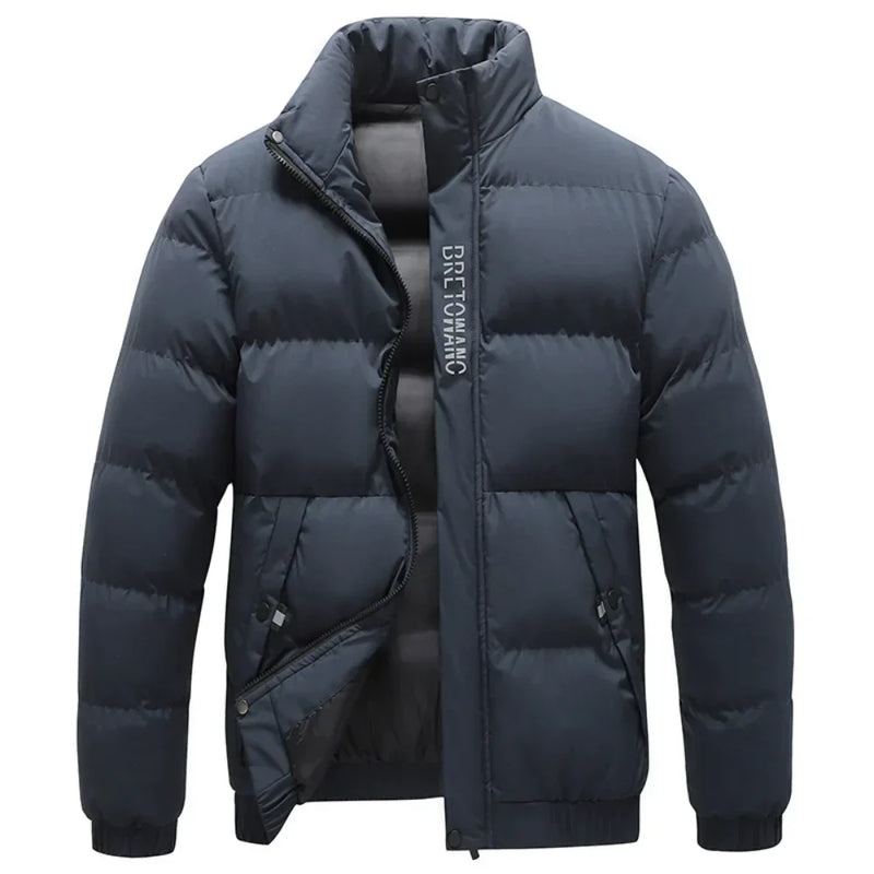Dunkelblaue Daunenjacke für Herren, warm, modisch, Winterbekleidung, Reißverschluss.