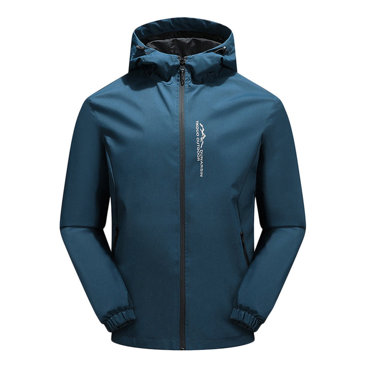 Dunkelblaue Herren-Outdoorjacke mit Kapuze, wasserabweisend, Reißverschluss, atmungsaktiv.