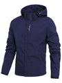 Dunkelblaue Herrenjacke mit Kapuze, wasserabweisend, Outdoor-Bekleidung, Reißverschluss.