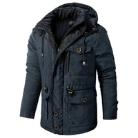 Dunkelblaue Herren-Winterjacke mit Kapuze, warm gefüttert, ideal für kaltes Wetter.