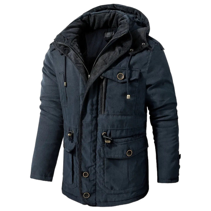 Dunkelblaue Herren-Winterjacke mit Kapuze, warm gefüttert, ideal für kaltes Wetter.