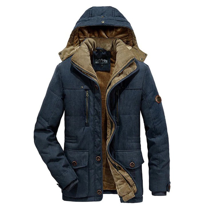 Dunkelblaue Herren-Winterjacke mit Kapuze, Reißverschluss, Taschen, warm gefüttert.
