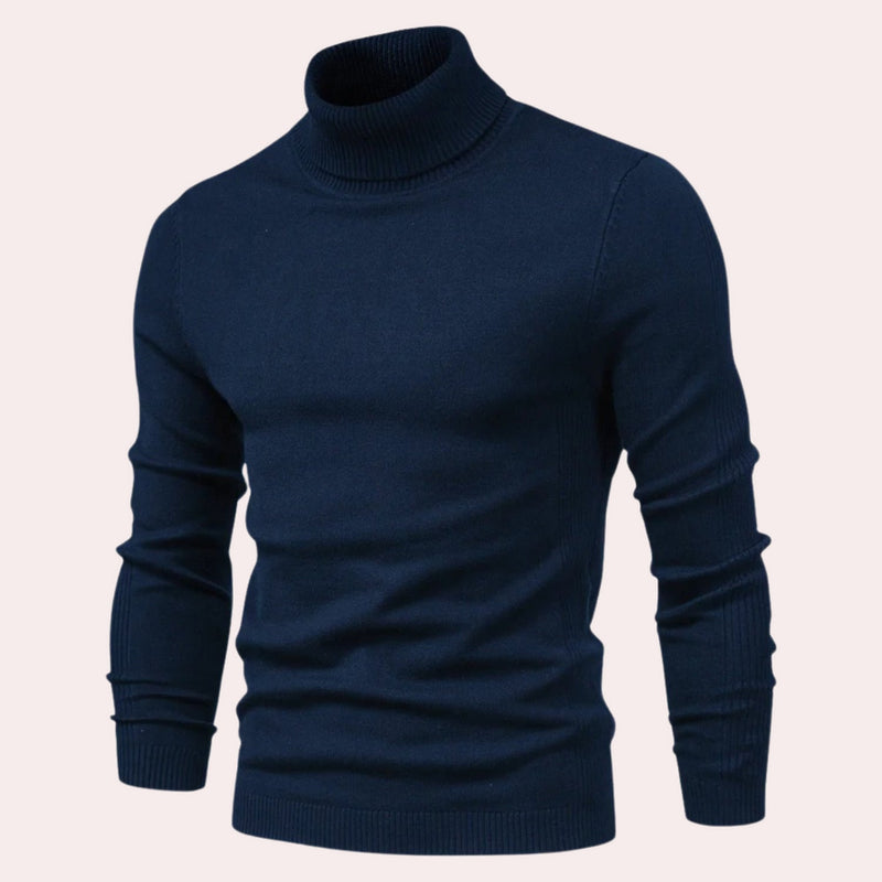 Dunkelblauer Rollkragenpullover Herren, Strick, warm, modisch, Wintermode, elegant.