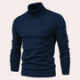 Dunkelblauer Rollkragenpullover Herren, Strick, warm, modisch, Wintermode, elegant.