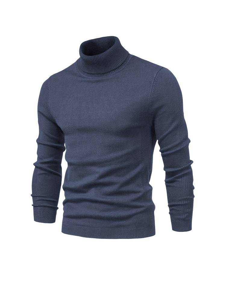 Dunkelblauer Rollkragenpullover Herren, Strick, langärmelig, modisch, warm, elegant.