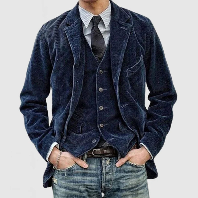 Dunkelblaues Cord-Sakko Herren, dreiteilig, lässig, modisch, Anzugjacke, Vintage-Stil.
