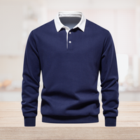 Dunkelblauer Herren-Pullover mit weißem Kragen, Langarm, Baumwolle, stilvoll, elegant.