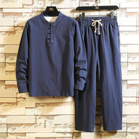 Dunkelblauer Herren-Pyjama-Set aus Baumwolle, langärmelig, bequem, stilvoll.