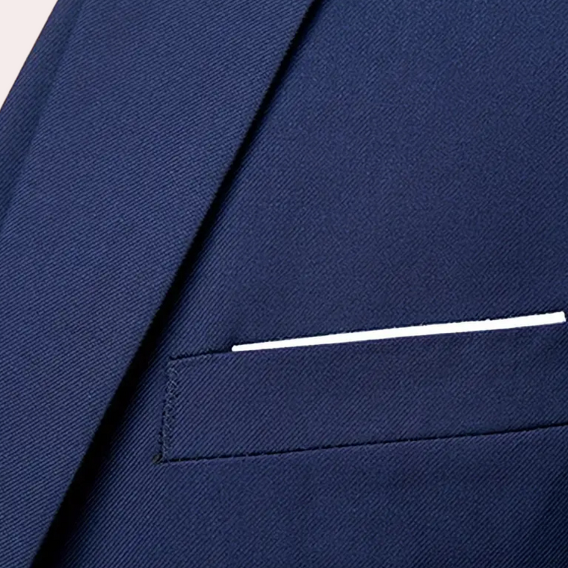 Dunkelblauer Anzugstoff, Nahaufnahme, feine Textur, elegantes Design, Herrenmode, hochwertig.