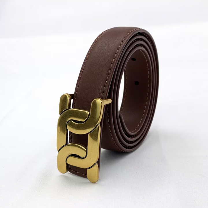 Dunkelbrauner Ledergürtel mit goldener Schnalle, modisches Accessoire für Herren.