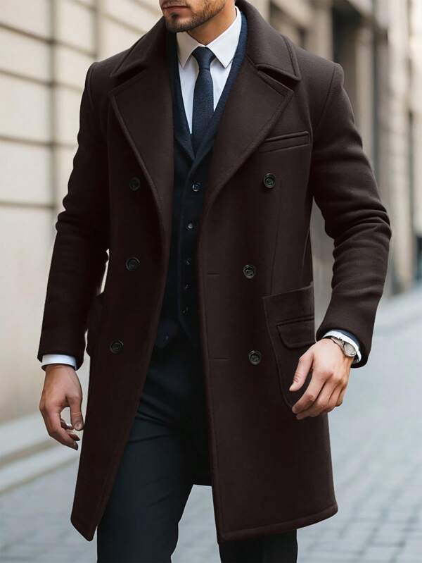 Eleganter Herren-Wollmantel, dunkelbraun, zweireihig, klassischer Stil, Wintermode.