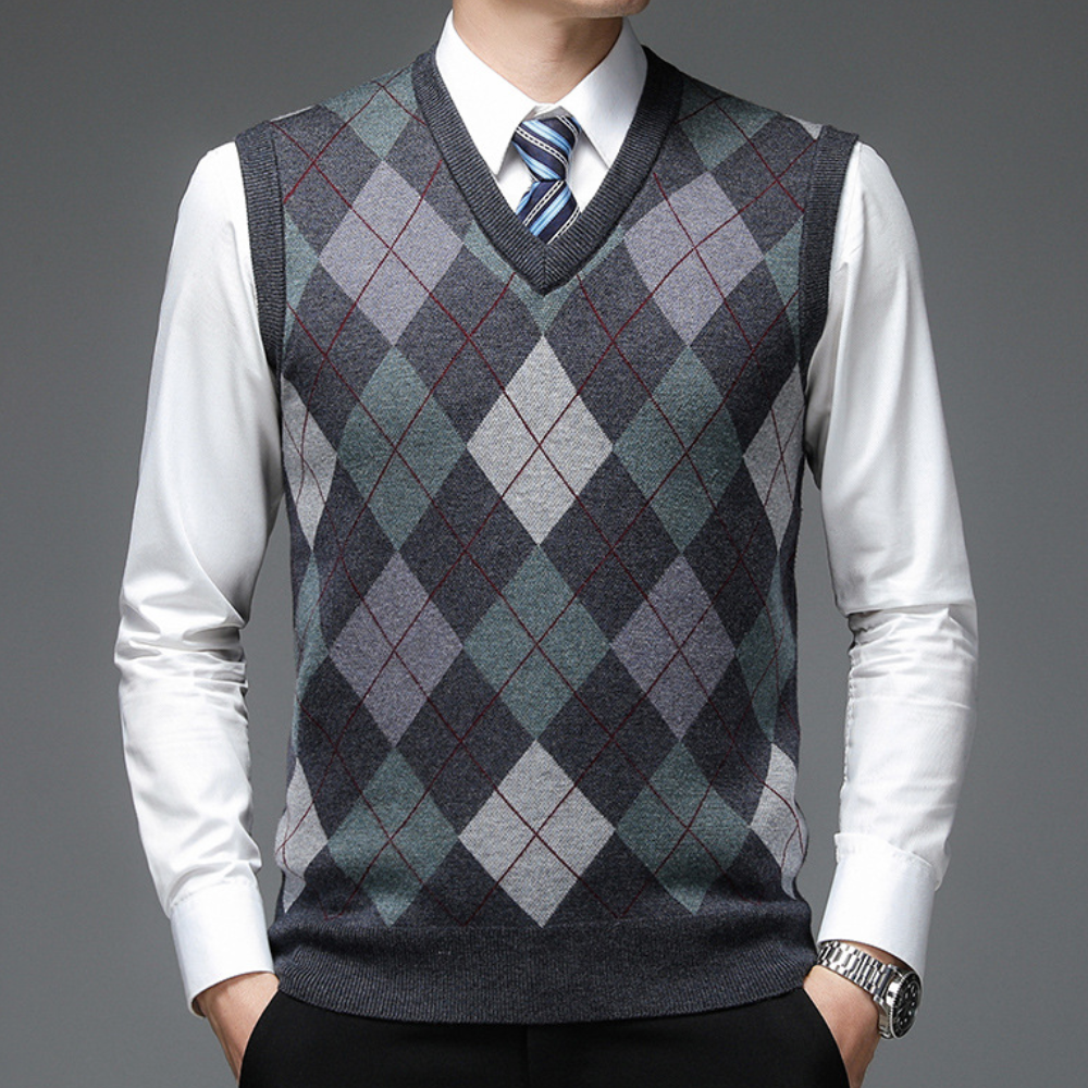 Dunkelgrauer Argyle-Pullover, ärmellos, Herrenmode, elegantes Design, Business-Look.