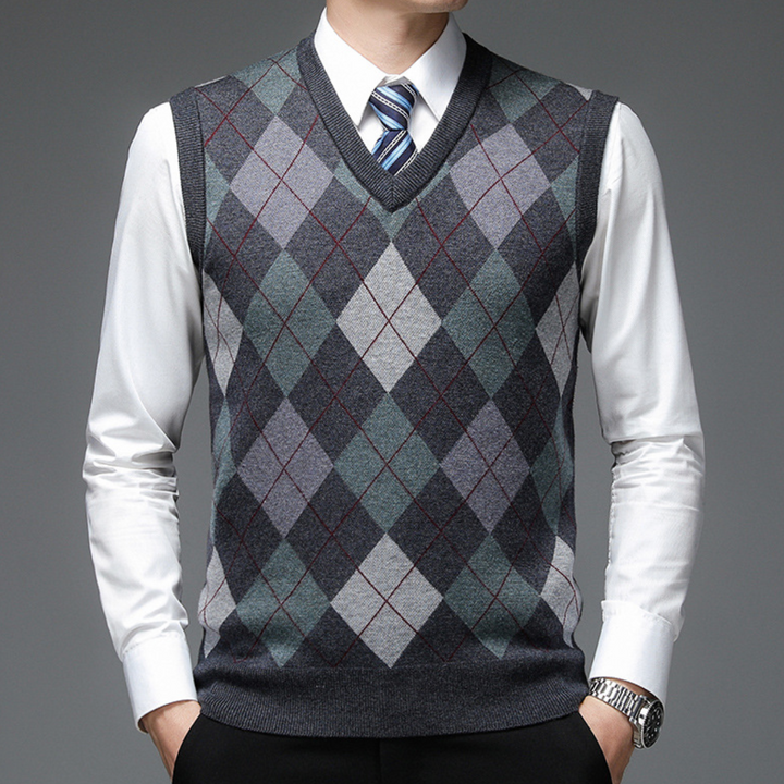 Dunkelgrauer Argyle-Pullover, ärmellos, Herrenmode, elegantes Design, Business-Look.