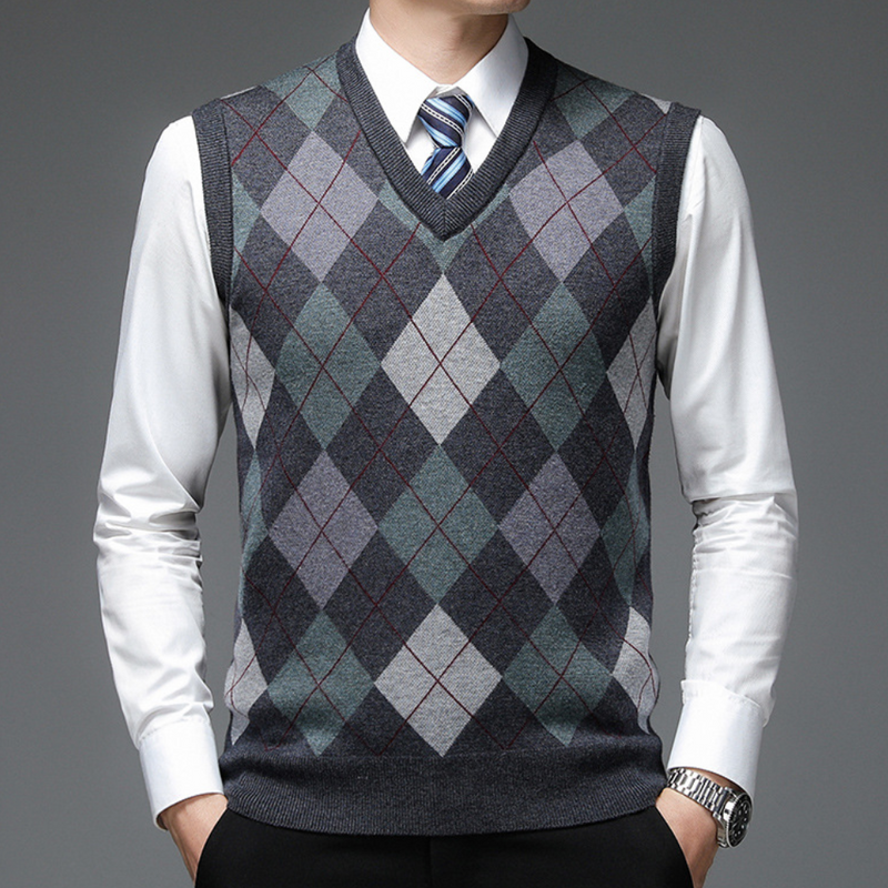 Dunkelgrauer Argyle-Pullover, ärmellos, Herrenmode, elegantes Design, Business-Look.